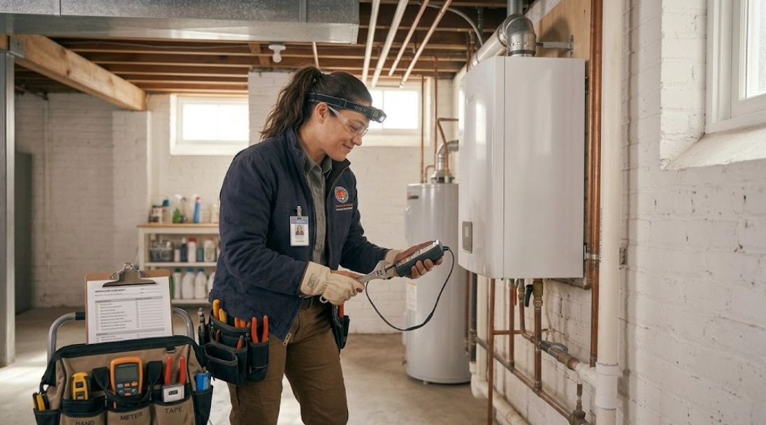 Heating technician inspecting and servicing a residential heating boiler system